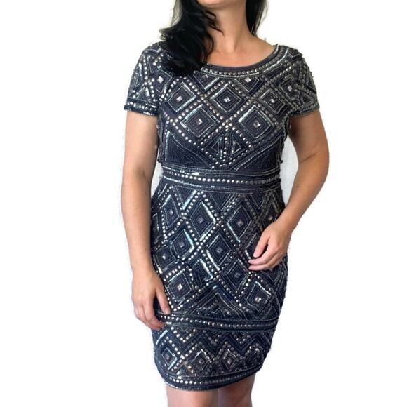 Adrianna Papell Beaded Mesh Sheath Dress 8 - Picture 1 of 10